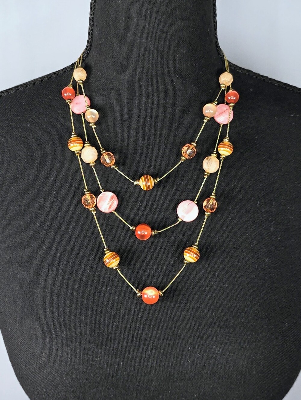 Layered Beaded Necklace Pink Orange Gold Multistrand Retro Statement Jewelry